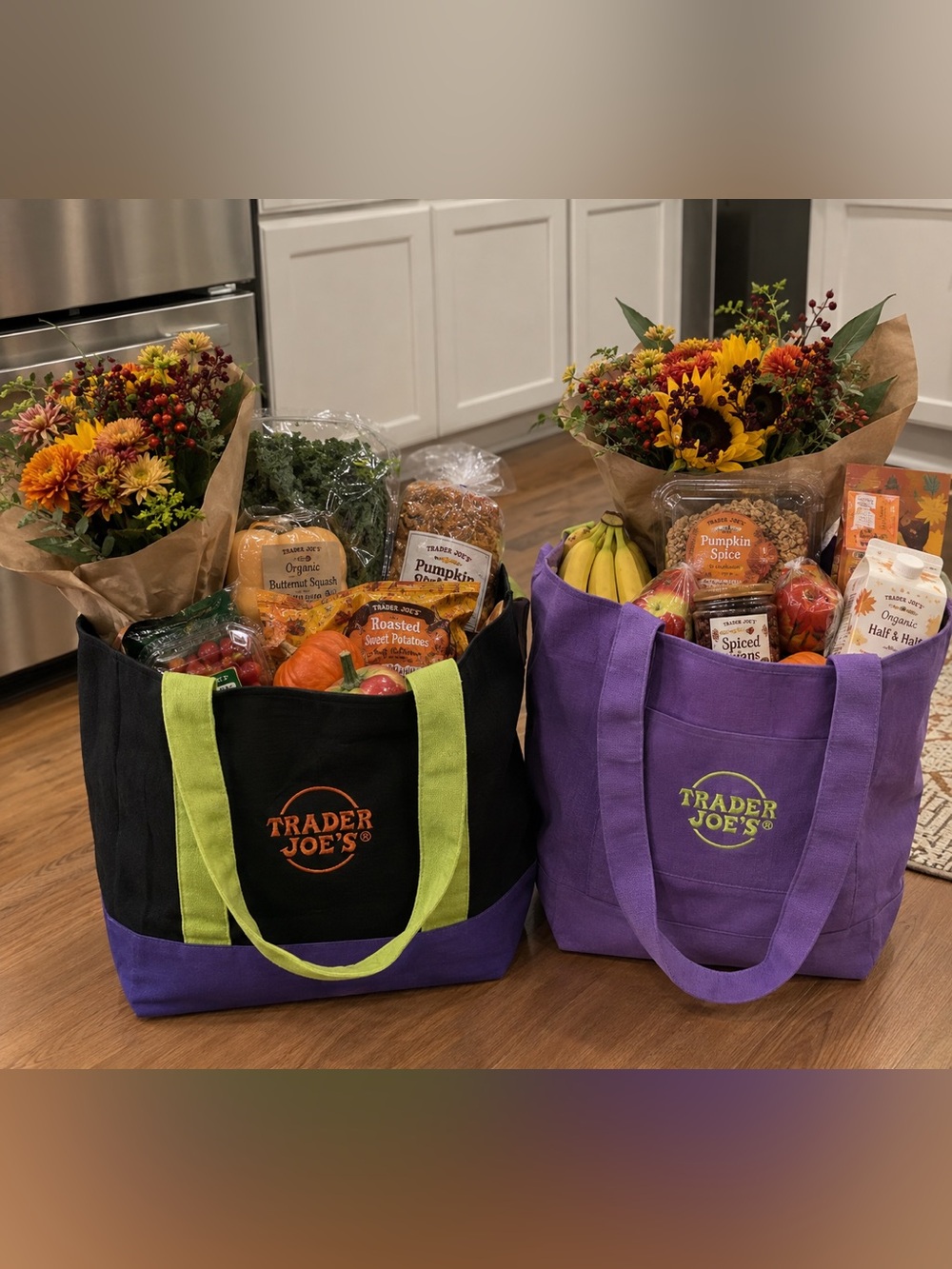 NWT Purple and Black Canvas Grocery Tote Bags - Set of 2 TRADER JOES
